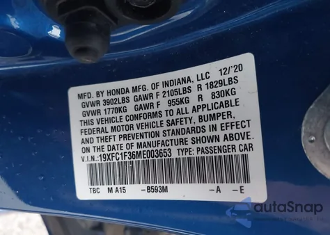 2021 Honda Civic Ex из США, поврежденный, VIN 19XFC1F36ME003653